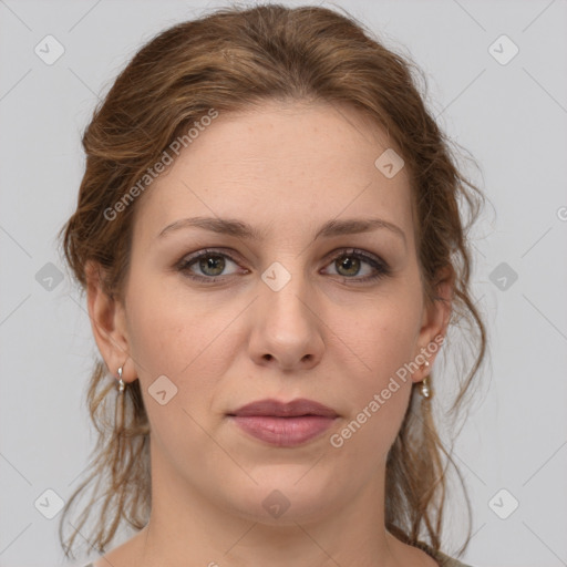 Joyful white young-adult female with medium  brown hair and green eyes