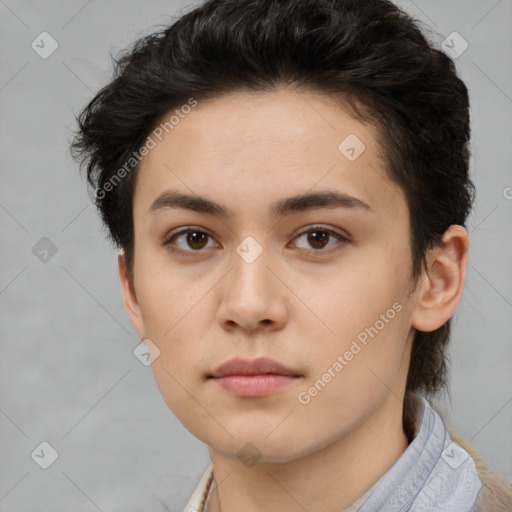 Neutral white young-adult female with short  brown hair and brown eyes