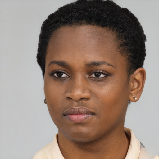 Neutral black young-adult female with short  black hair and brown eyes