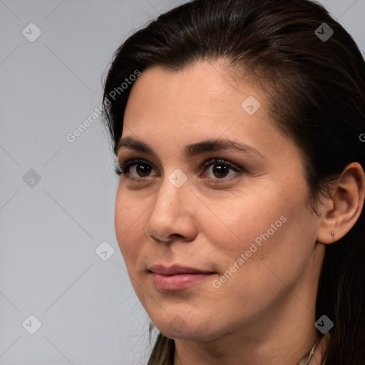 Neutral white young-adult female with medium  brown hair and brown eyes