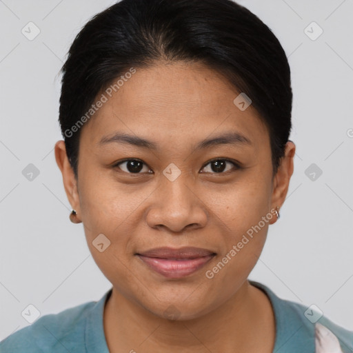 Joyful latino young-adult female with short  brown hair and brown eyes