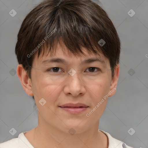 Joyful white adult female with short  brown hair and brown eyes