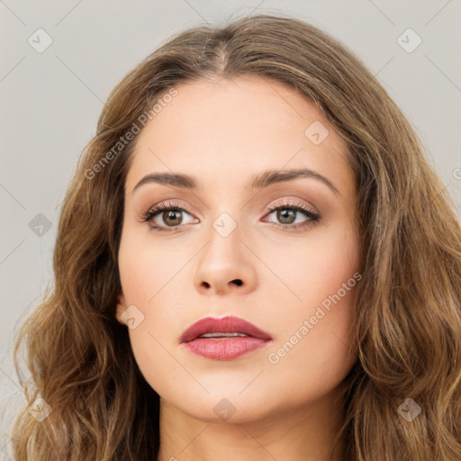 Neutral white young-adult female with long  brown hair and brown eyes