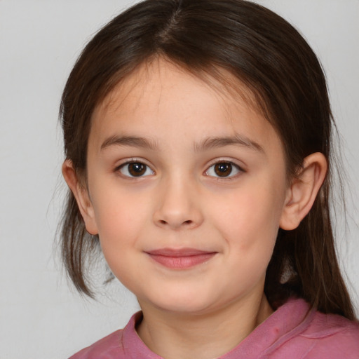 Joyful white child female with medium  brown hair and brown eyes