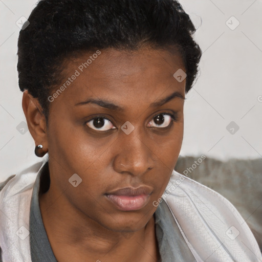 Neutral black young-adult female with short  brown hair and brown eyes