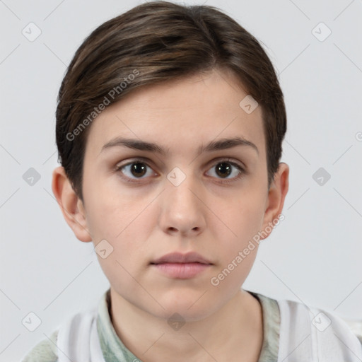 Neutral white young-adult female with short  brown hair and brown eyes