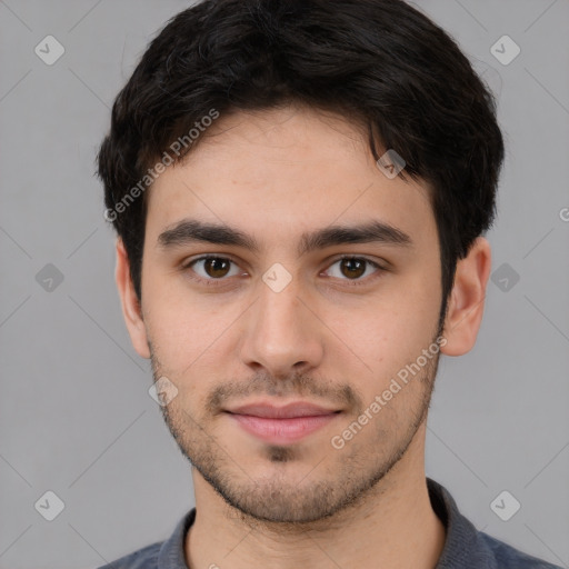 Neutral white young-adult male with short  brown hair and brown eyes