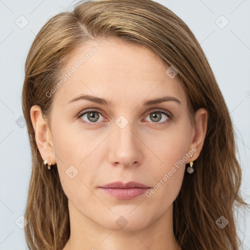 Neutral white young-adult female with long  brown hair and grey eyes