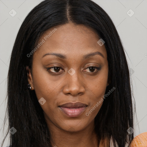 Joyful asian young-adult female with long  brown hair and brown eyes