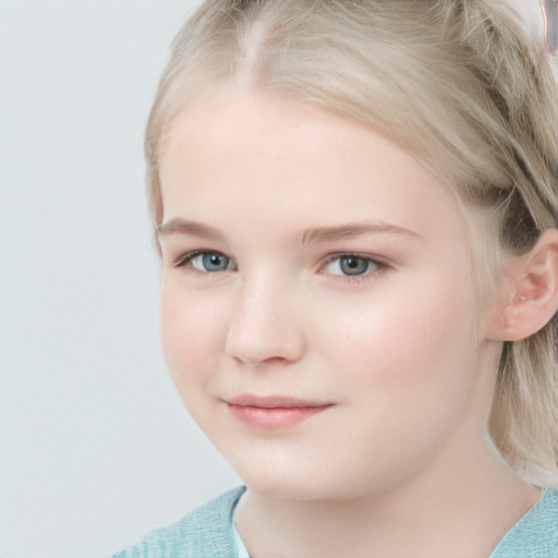 Joyful white child female with medium  brown hair and blue eyes