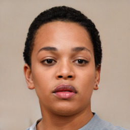 Neutral black young-adult female with short  black hair and brown eyes