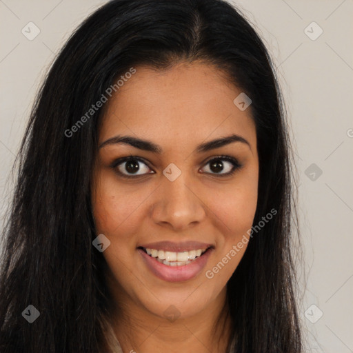 Joyful asian young-adult female with long  brown hair and brown eyes