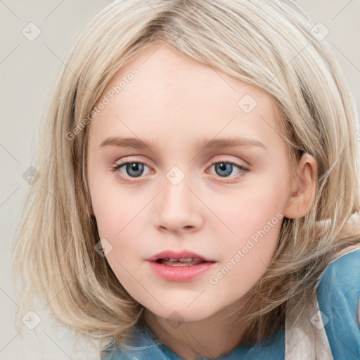 Neutral white child female with medium  brown hair and blue eyes