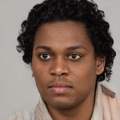 Neutral black young-adult female with short  black hair and brown eyes