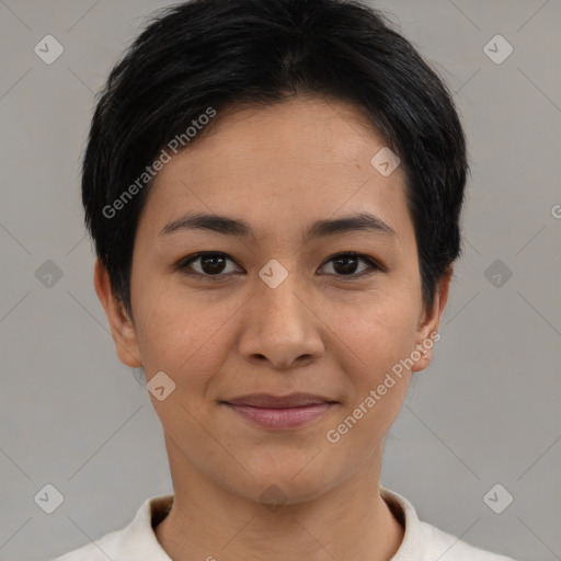 Joyful asian young-adult female with short  brown hair and brown eyes