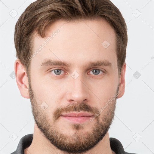 Neutral white young-adult male with short  brown hair and grey eyes