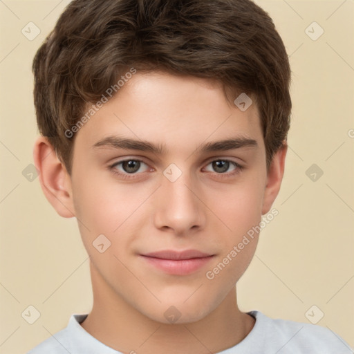 Joyful white child male with short  brown hair and brown eyes