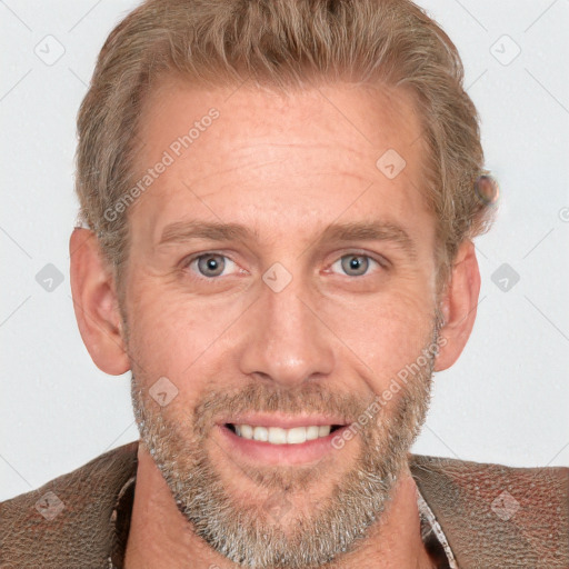 Joyful white adult male with short  brown hair and grey eyes
