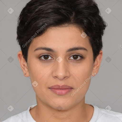 Joyful white young-adult female with short  brown hair and brown eyes