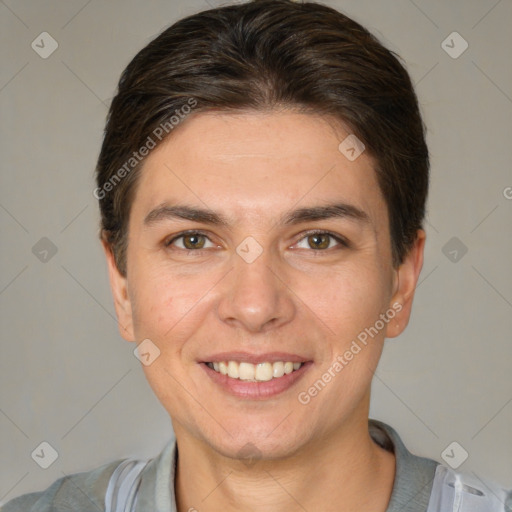 Joyful white young-adult female with short  brown hair and brown eyes