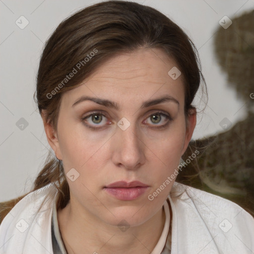 Neutral white young-adult female with medium  brown hair and brown eyes