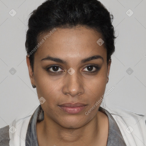 Neutral black young-adult female with short  black hair and brown eyes