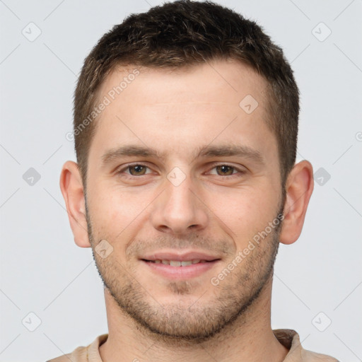 Joyful white young-adult male with short  brown hair and brown eyes