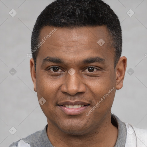 Joyful latino young-adult male with short  black hair and brown eyes