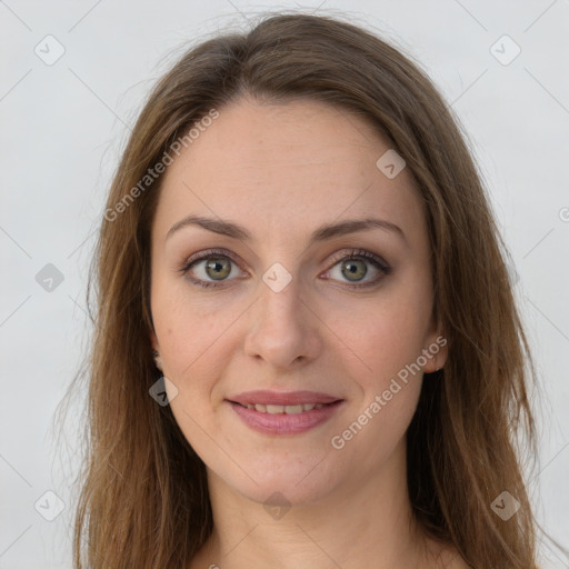 Joyful white young-adult female with long  brown hair and green eyes