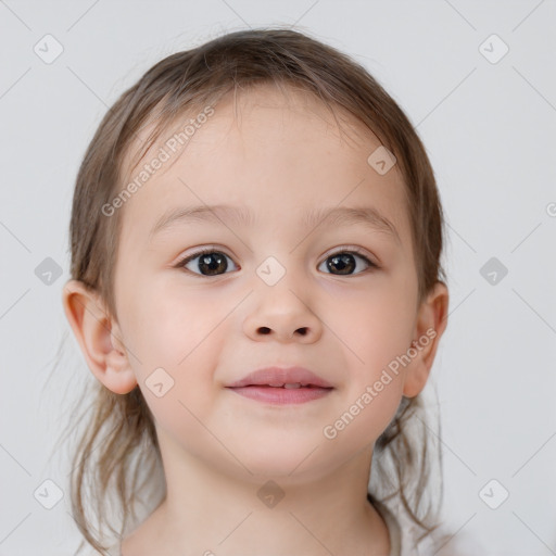 Joyful white child female with medium  brown hair and brown eyes