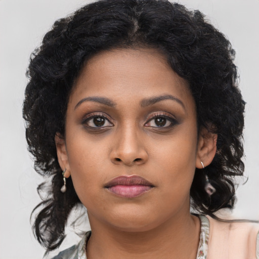 Neutral black young-adult female with long  brown hair and brown eyes