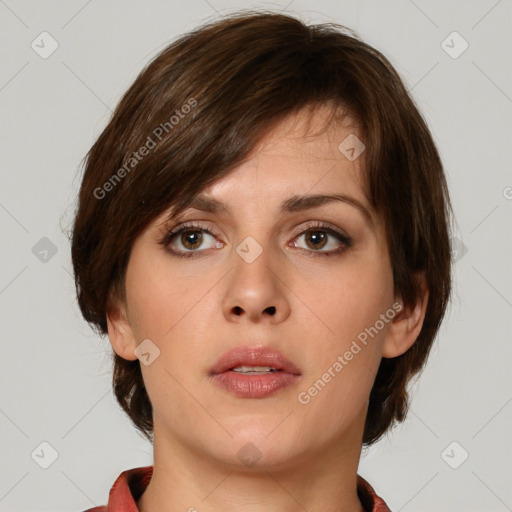 Neutral white young-adult female with medium  brown hair and brown eyes