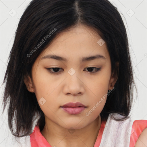 Neutral asian young-adult female with medium  brown hair and brown eyes