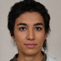 Neutral asian young-adult female with medium  brown hair and brown eyes