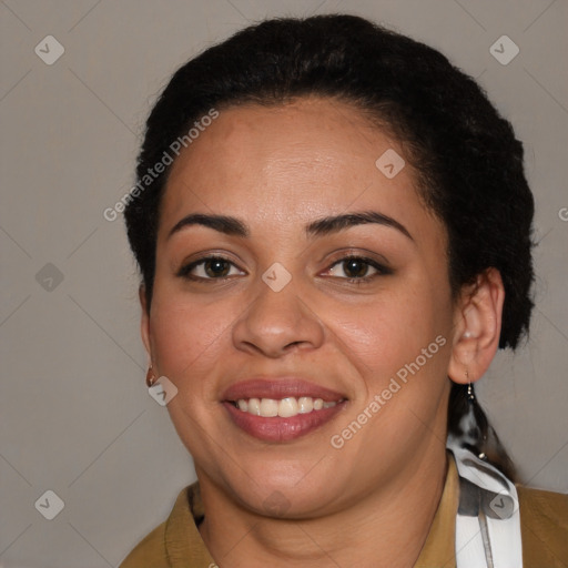 Joyful latino young-adult female with short  brown hair and brown eyes