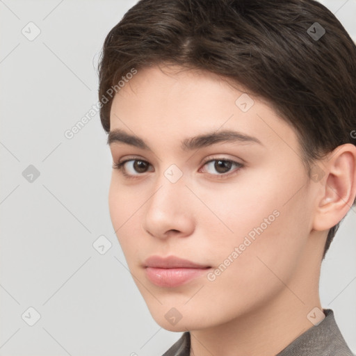 Neutral white young-adult female with short  brown hair and brown eyes