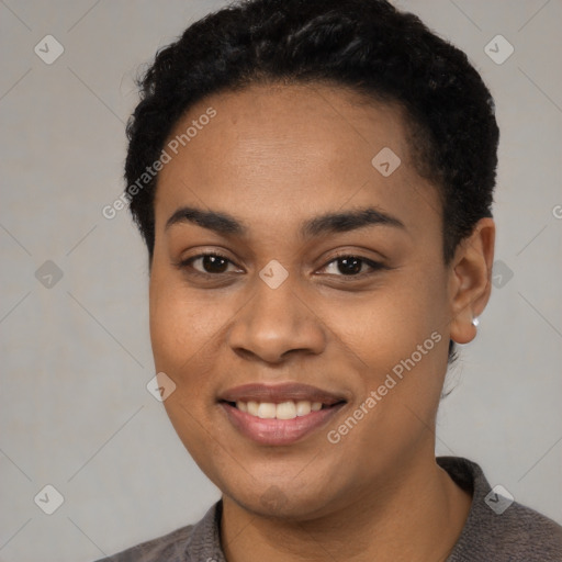 Joyful latino young-adult female with short  brown hair and brown eyes