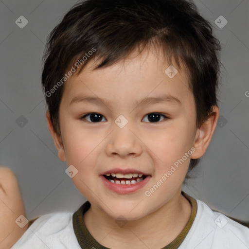 Joyful white child male with short  brown hair and brown eyes