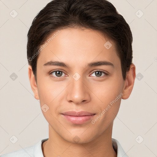 Joyful white young-adult female with short  brown hair and brown eyes