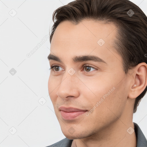 Neutral white young-adult male with short  brown hair and brown eyes