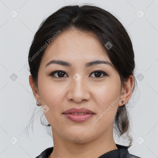 Joyful asian young-adult female with medium  brown hair and brown eyes