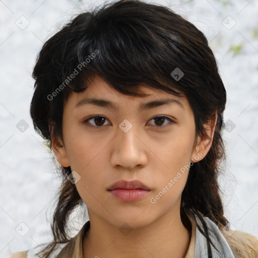 Neutral asian young-adult female with medium  brown hair and brown eyes