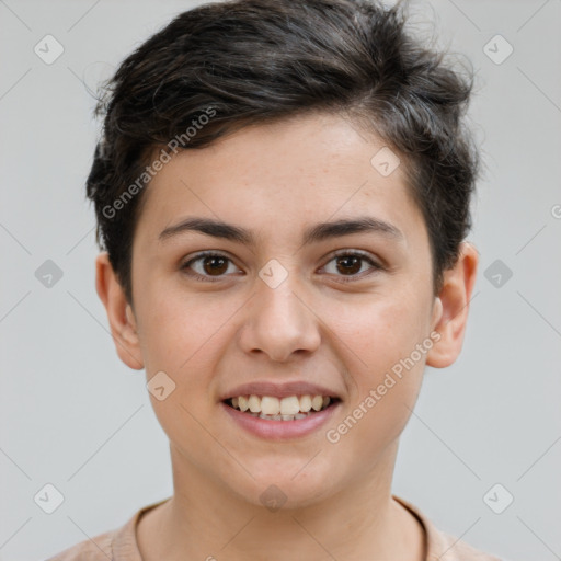 Joyful white young-adult female with short  brown hair and brown eyes