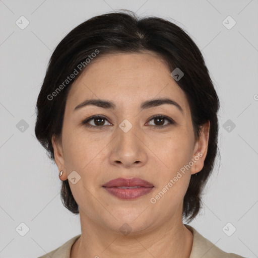 Joyful white adult female with medium  brown hair and brown eyes