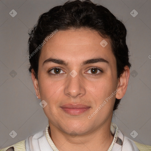 Joyful white young-adult female with short  brown hair and brown eyes