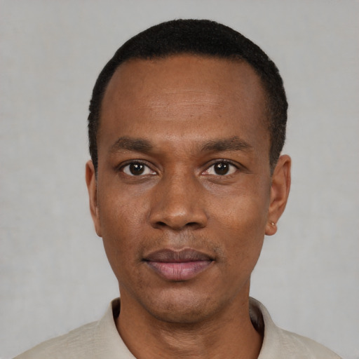 Neutral black adult male with short  black hair and brown eyes