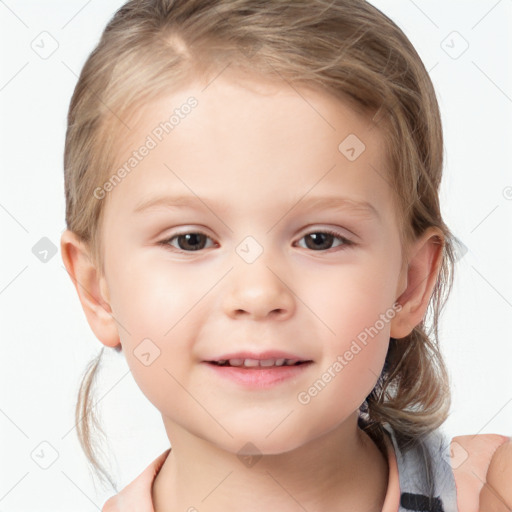 Joyful white child female with medium  brown hair and brown eyes