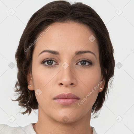 Neutral white young-adult female with medium  brown hair and brown eyes