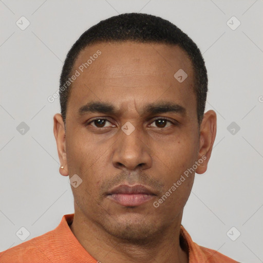 Neutral latino young-adult male with short  black hair and brown eyes