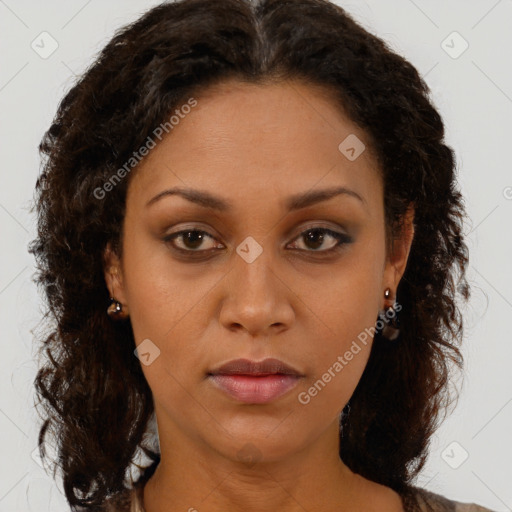 Neutral black young-adult female with medium  brown hair and brown eyes